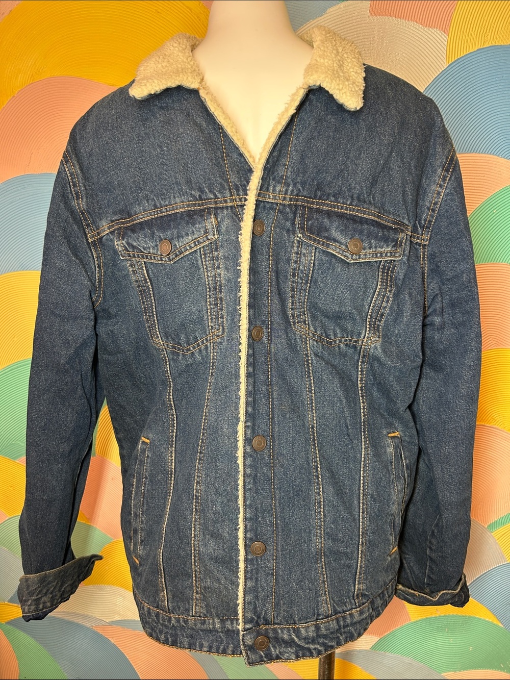 Pull & Bear Men's Sherpa-Lined Denim Jacket - Dark Blue sz XL